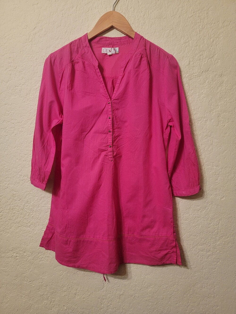 OP Hot Pink Lightweight Beach Cover Up Tunic Blouse, 3/4 Roll-Tab Sleeve Sz M